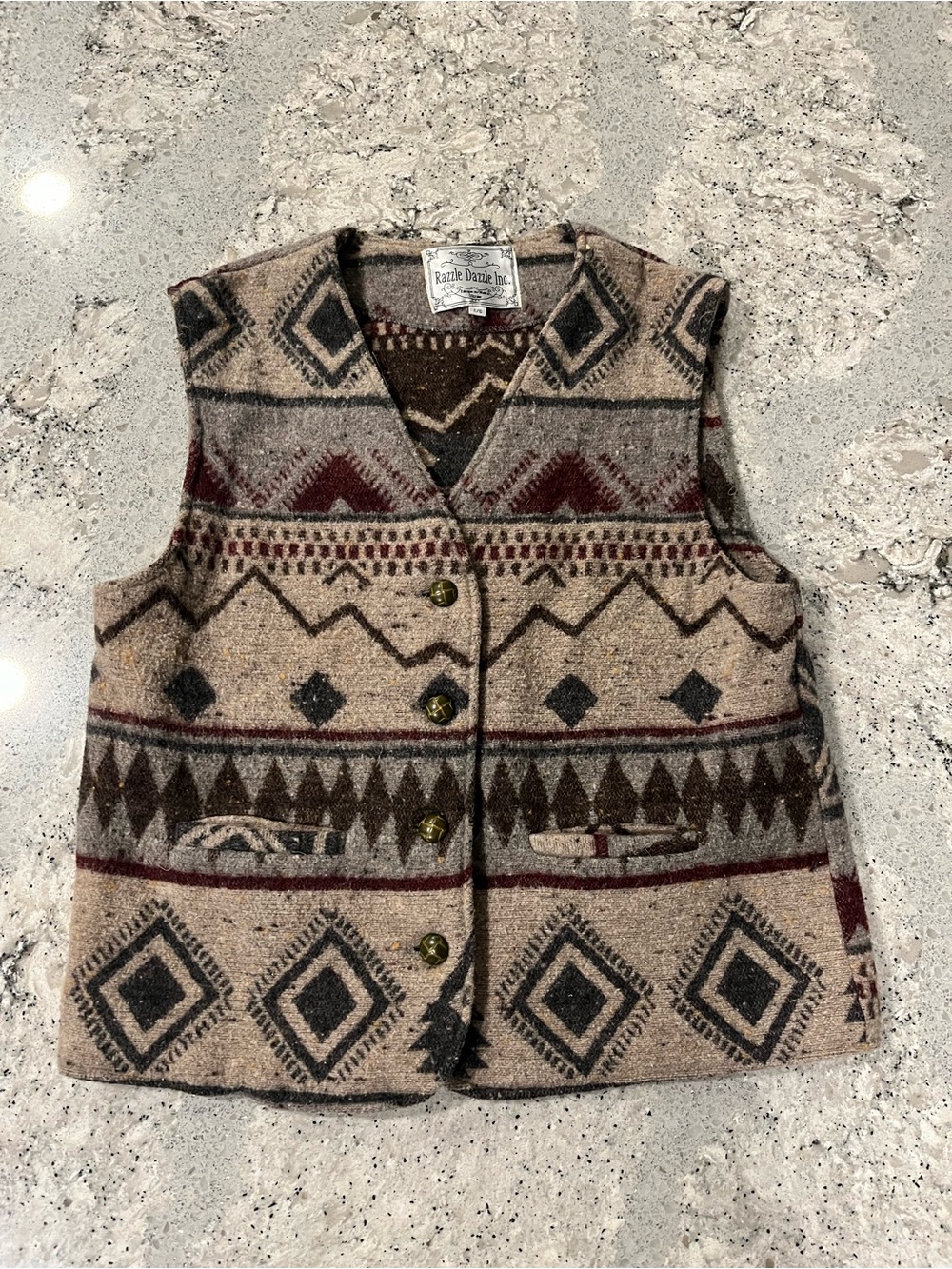 Southwestern Wool Vest in Brown & Red Aztec Pattern